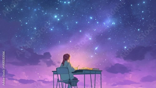 anime girl clear night, rooftop, gazing at stars barely visible city's glow. vast sky and urban sprawl, highlighting feelings wonder Seamless looping 4K time-lapse video background