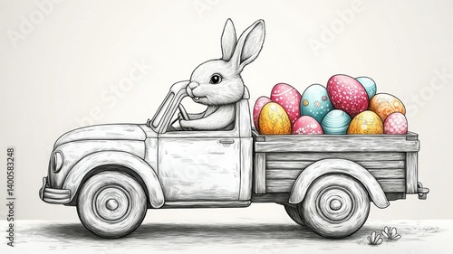 Whimsical illustration: Bunny driving a truck filled with Easter eggs.