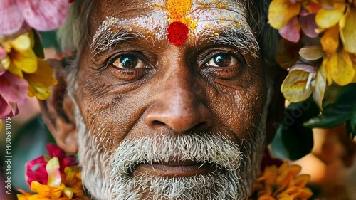 Close-up portrait of a senior man adorned with flowers.
