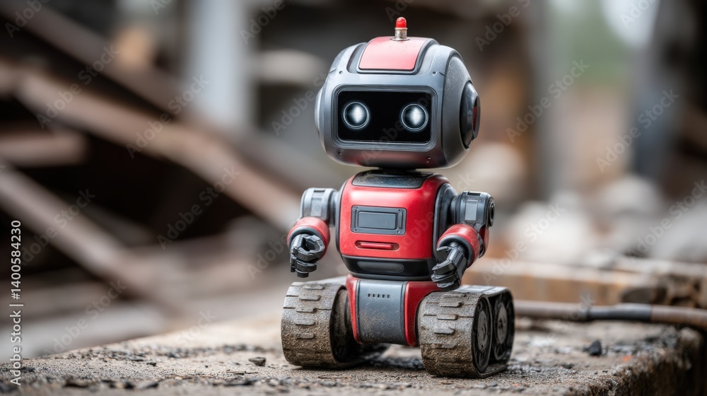 Fototapeta premium Disaster relief and earthquake emergency response, A small robot with a red and black design stands on a rugged surface, surrounded by an industrial backdrop,