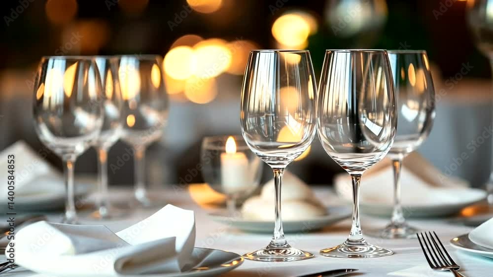Empty wine glasses and tableware on a table, ready for a dinner party Empty wine glasses and tableware on a table, ready for a dinner party