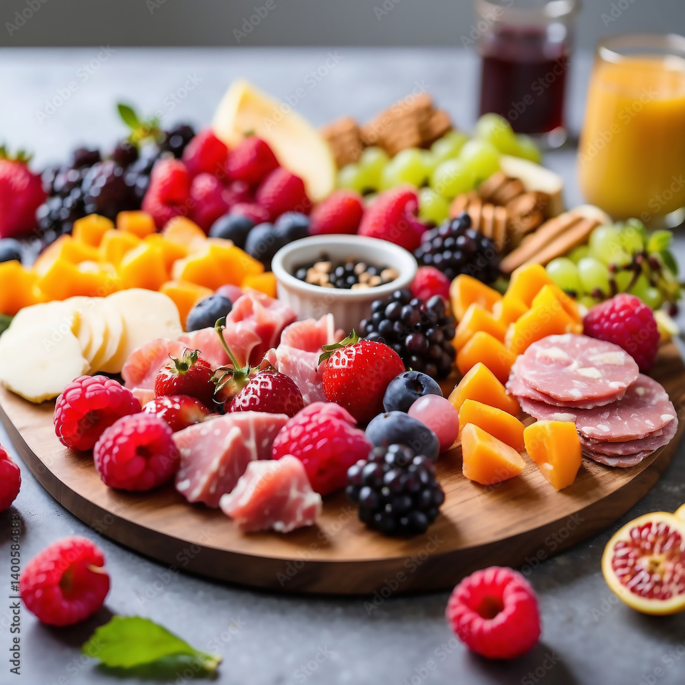 A delicious and colorful charcuterie board with fresh fruit, chocolate, and sweets A delicious and colorful charcuterie board with fresh fruit, chocolate, and sweets