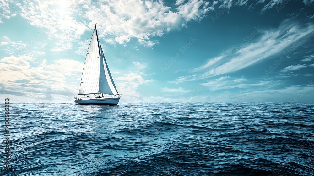 Obraz premium A sailboat glides across a serene ocean, bathed in sunlight and dramatic clouds
