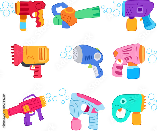 bubble gun toy set cartoon vector illustration