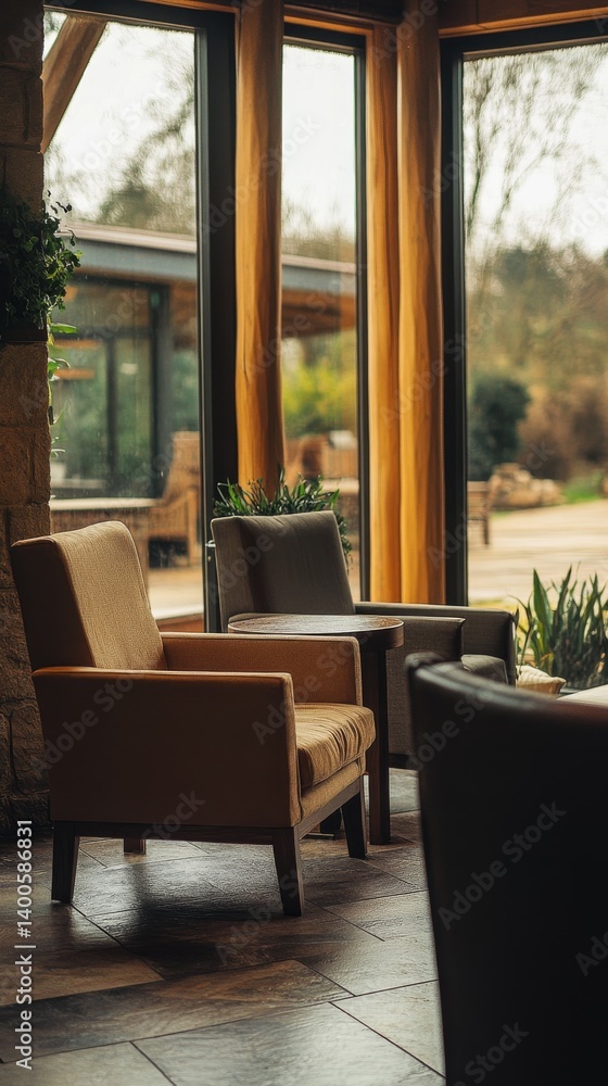 Cozy seating area with modern chairs nestled by large windows. Natural light flows in beautifully. Ideal for relaxation or contemplation. Generative AI