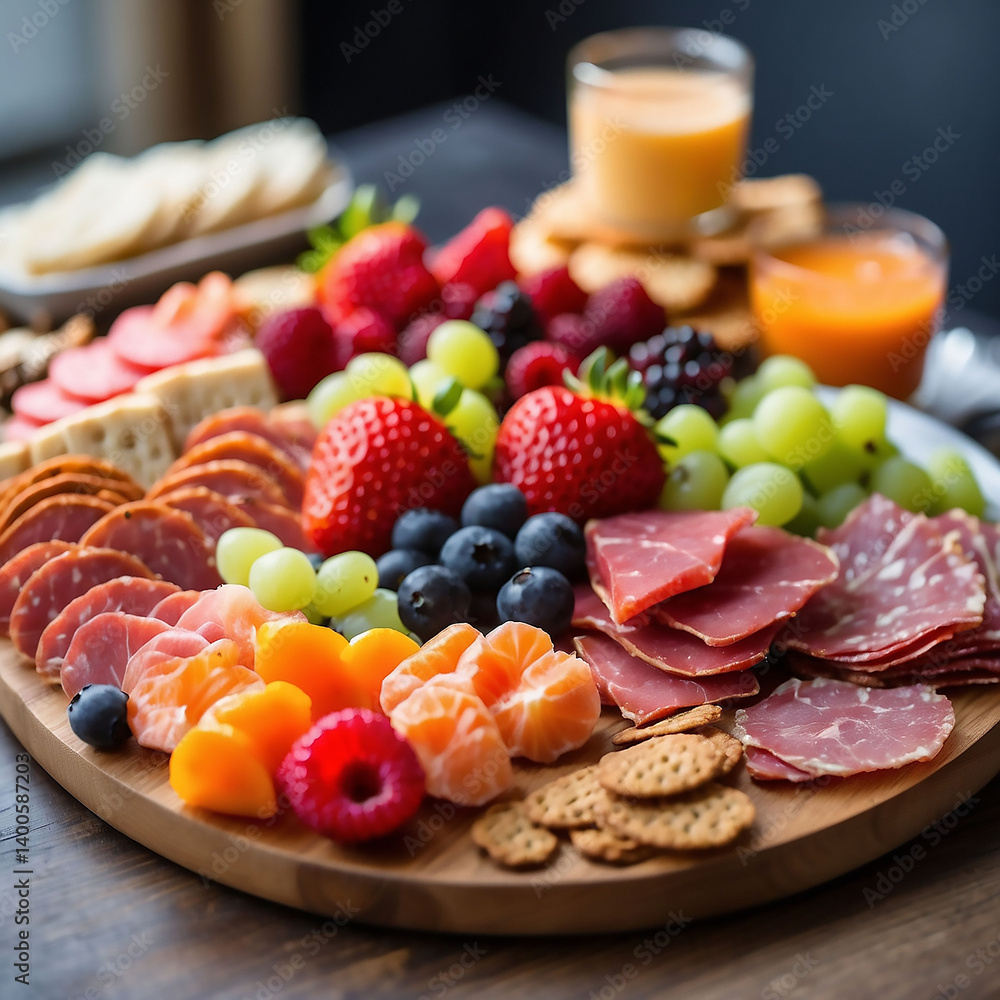 A delicious and colorful charcuterie board with fresh fruit, chocolate, and sweets A delicious and colorful charcuterie board with fresh fruit, chocolate, and sweets