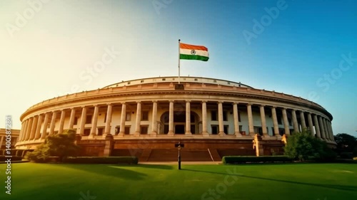 Indian Parliament Building With National Flag During Sunset