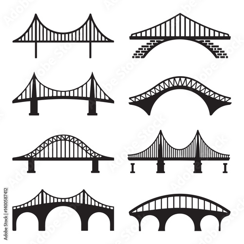 Set of different bridges. Isolated on white background. and white. Vector Black silhouettes. illustration.