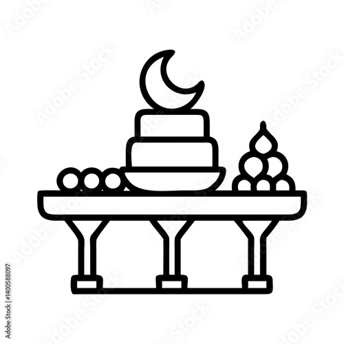 Islamic new year celebration muharram with cake and moon vector illustration design outline art