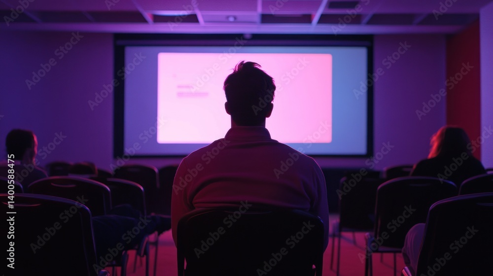 Watching Presentation on Screen in Conference Hall with Purple Lighting Watching Presentation on Screen in Conference Hall with Purple Lighting