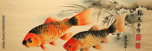 vector illustration of chinese goldfish in pond painting on old vintage silk paper	