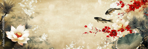 vector illustration of chinese goldfish in pond painting on old vintage silk paper	