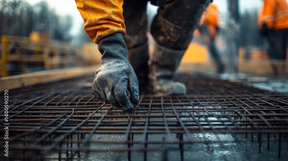Construction worker securing a rebar mesh for concrete pouring. Featuring teamwork and precision Construction worker securing a rebar mesh for concrete pouring. Featuring teamwork and precision