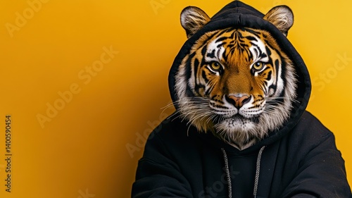 A cool tiger wearing a black hoodie on a yellow background, anthropomorphic.