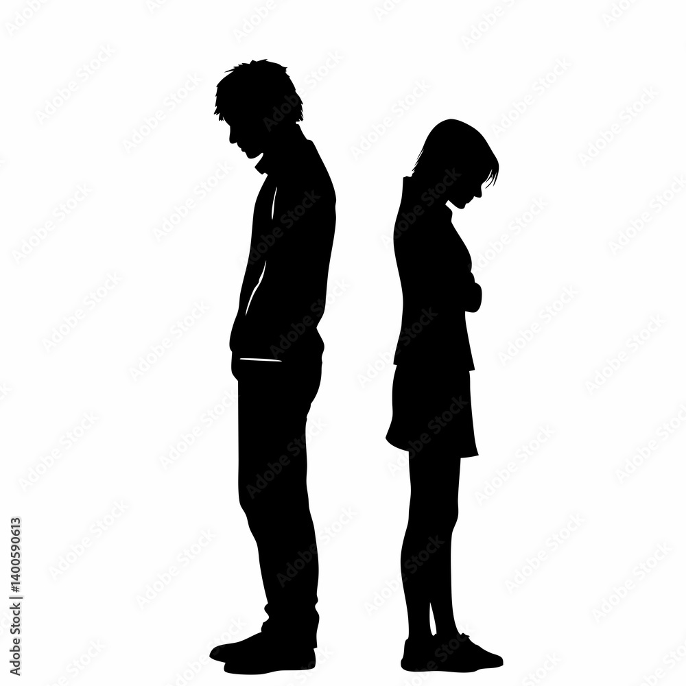 Vector silhouettes of a man and a woman, a couple of business people standing in profile Vector silhouettes of a man and a woman, a couple of business people standing in profile