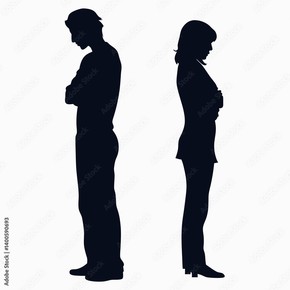 Vector silhouettes of a man and a woman, a couple of business people standing in profile Vector silhouettes of a man and a woman, a couple of business people standing in profile