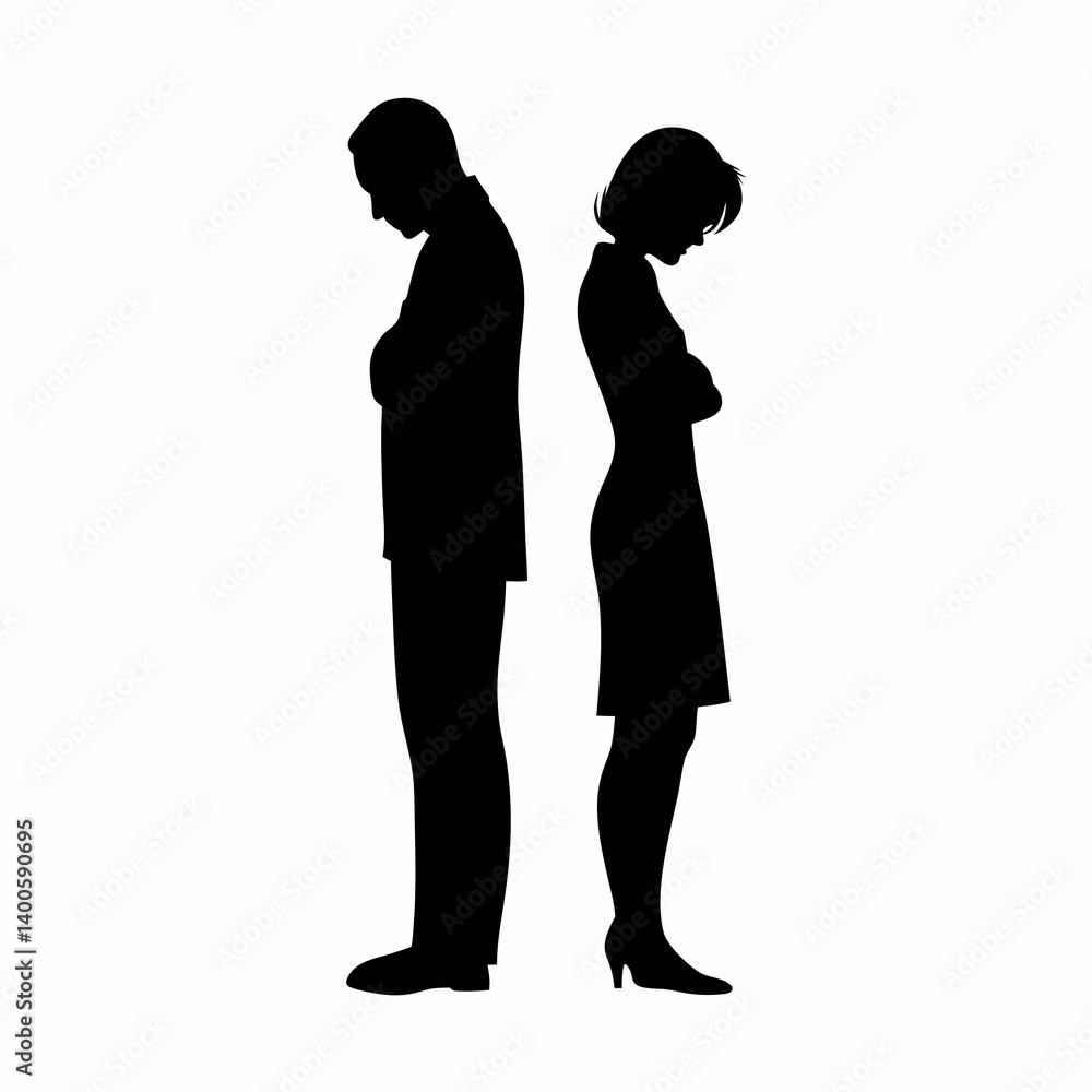 Vector silhouettes of a man and a woman, a couple of business people standing in profile Vector silhouettes of a man and a woman, a couple of business people standing in profile