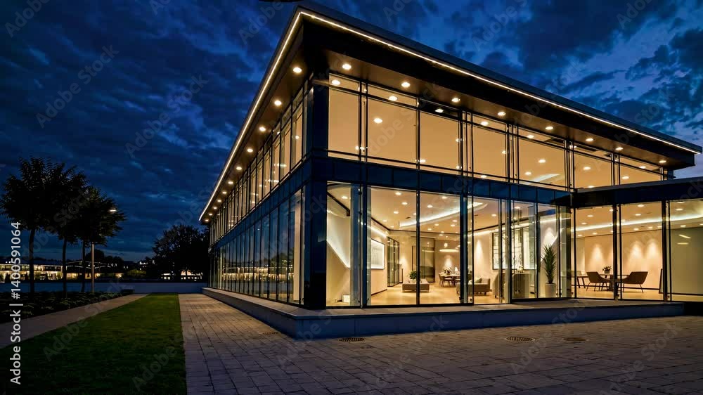 Modern glass building at dusk, shot from a low angle. The illuminated interior contrasts with the dark sky, creating a cinematic video feel. Modern glass building at dusk, shot from a low angle. The illuminated interior contrasts with the dark sky, creating a cinematic video feel.