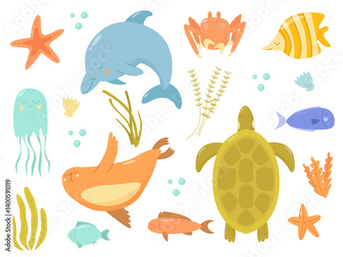 A set of elements with underwater inhabitants of the sea and ocean