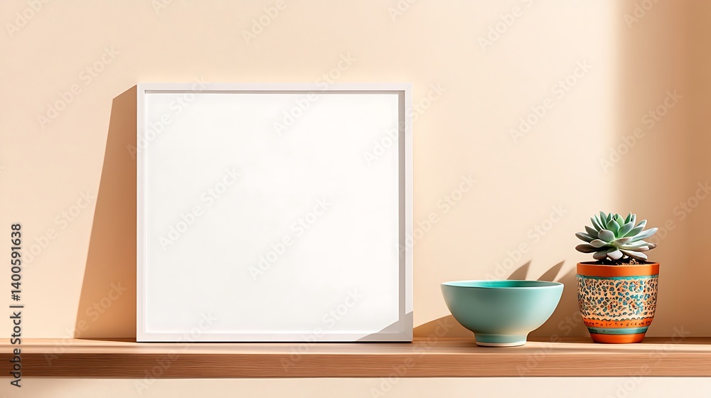 Blank frame with succulent, shelf, and sunlight. Blank frame with succulent, shelf, and sunlight.