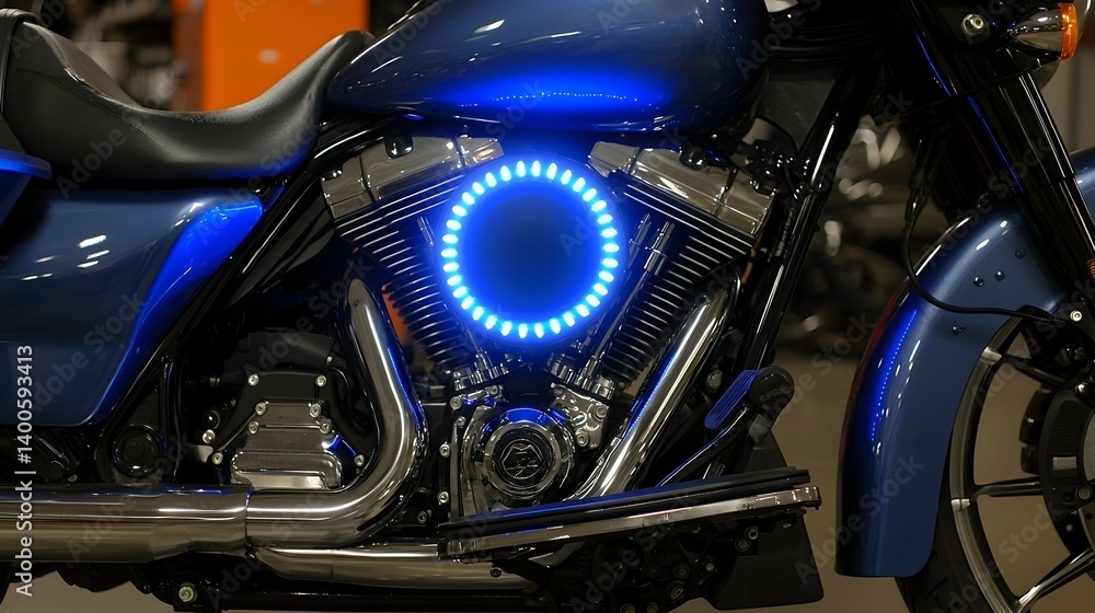 Fototapeta premium Blue motorcycle engine detail, illuminated ring, showroom background, transportation advertisement