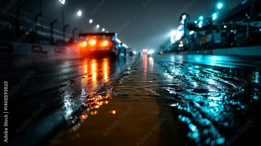 Obraz premium Night Race at Daytona with Neon Glow on Wet Asphalt and Streaking Car Lights 3D Cartoon, on Transparent Background