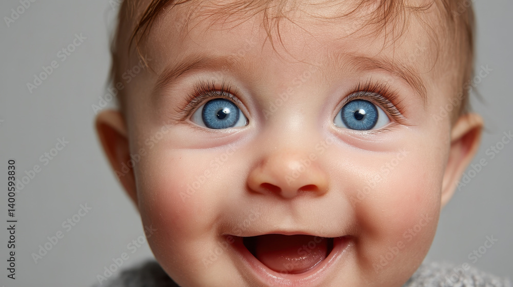 Happy baby with bright blue eyes and joyful expression, showcasing innocence and wonder Happy baby with bright blue eyes and joyful expression, showcasing innocence and wonder