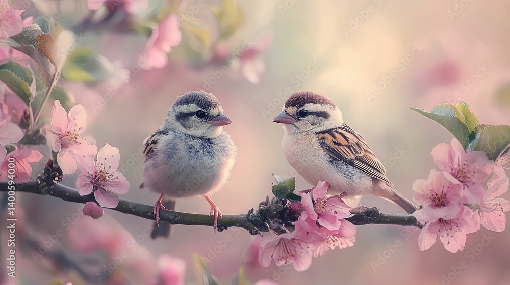 Fototapeta premium Two sparrows nestled amongst delicate pink blossoms.