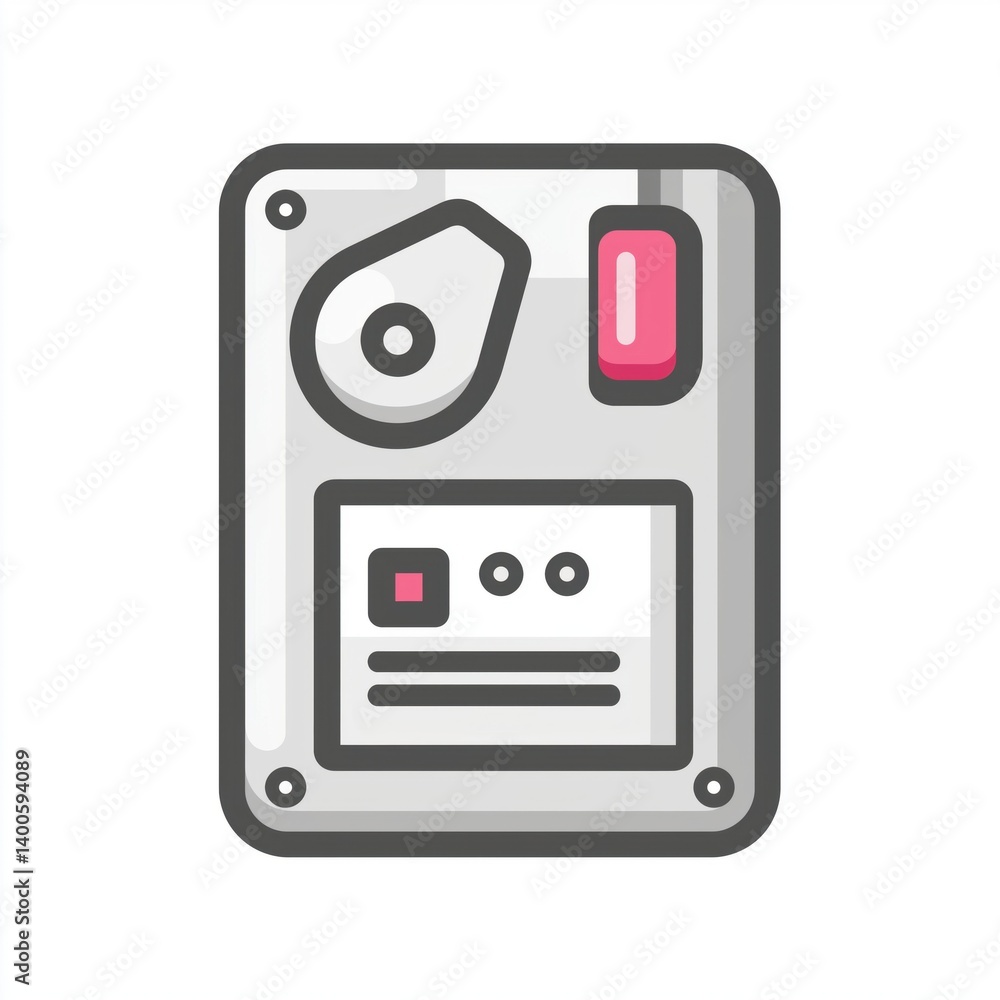 Fototapeta premium A stylized illustration of a device featuring buttons, dials, and a simple interface, evoking a retro technological aesthetic.