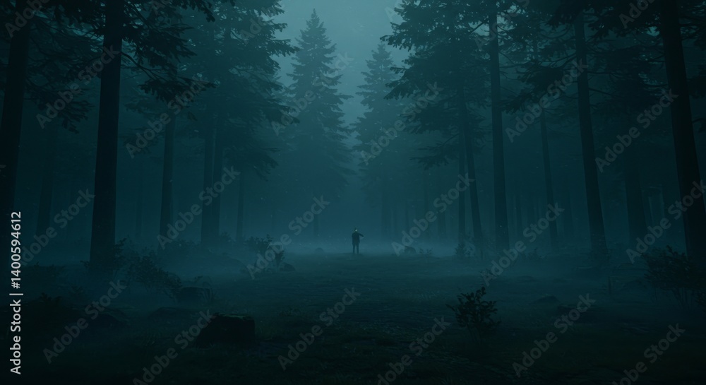Fototapeta premium Mysterious figure standing in foggy forest at dusk 