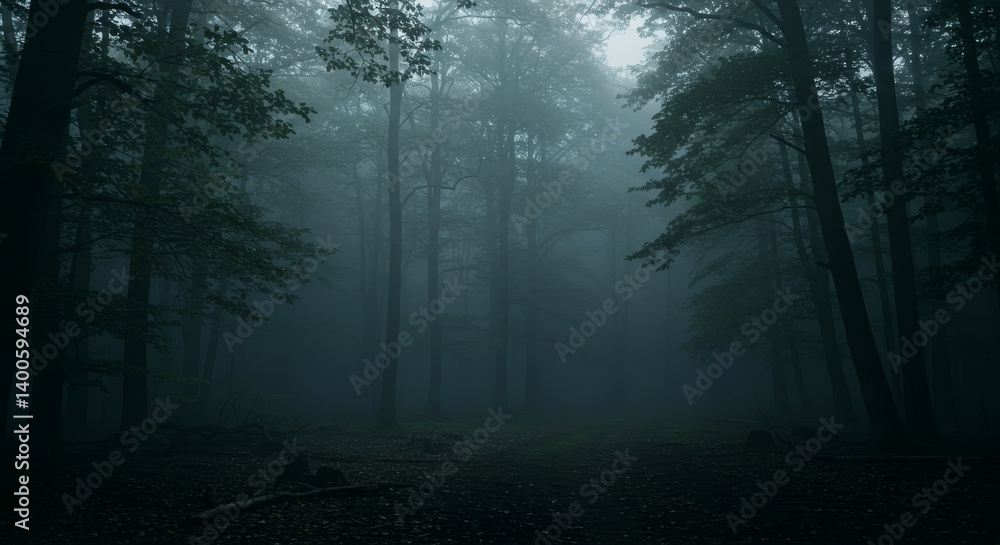 Fototapeta premium Mysterious foggy forest landscape with tall trees 