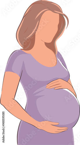 Pregnant woman, future mom hugging belly with arms. Vector illustration.