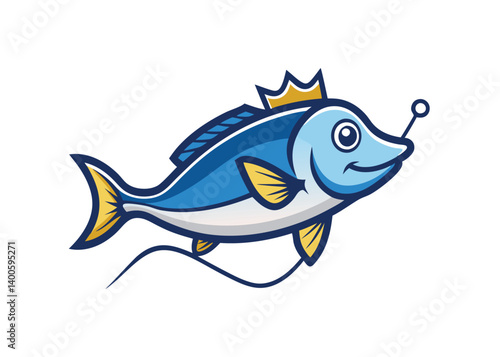 Fish icon with crown. King fish line style concept logo idea. Fish in doodle simple style on white background