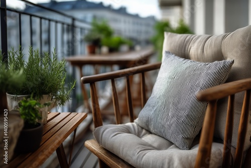 Cozy Balcony With Greenery and Seating Set Against a Picturesque Urban Backdrop in Bright Daylight