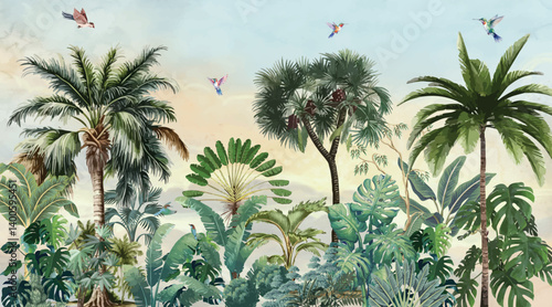 Jungle wall Mural, Mural Illustration, Garden Illustration.