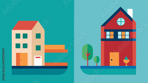 Household Comparison On the left a spacious mansion with a swimming pool and on the right a small cramped apartment with a single window showcasing living standards.