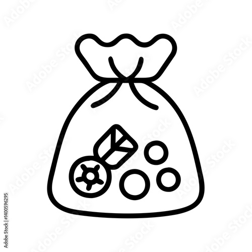 Outline bag of treasure vector, sack of coins, gold, and jewelry illustration for graphic design element