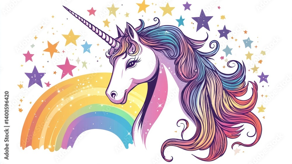A vibrant illustration of a unicorn with rainbow mane, rainbow and stars. A vibrant illustration of a unicorn with rainbow mane, rainbow and stars.