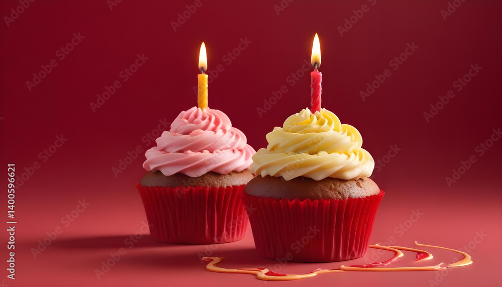 Two cupcakes with pink and yellow icing and lit candles, on a red background, ready to enjoy. Two cupcakes with pink and yellow icing and lit candles, on a red background, ready to enjoy.