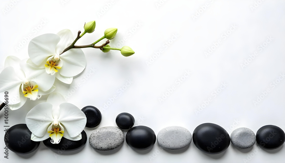 Elegant white orchids and smooth spa stones create a serene and balanced composition. Elegant white orchids and smooth spa stones create a serene and balanced composition.
