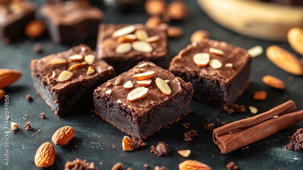 Homemade brownies with gooey fudge center, topped with crunchy almond flakes Homemade brownies with gooey fudge center, topped with crunchy almond flakes