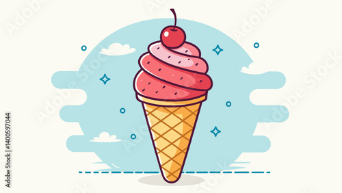 Ice cream cone with cherry in flat style on blue background