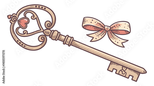 Vintage key with heart and ribbon in romantic style