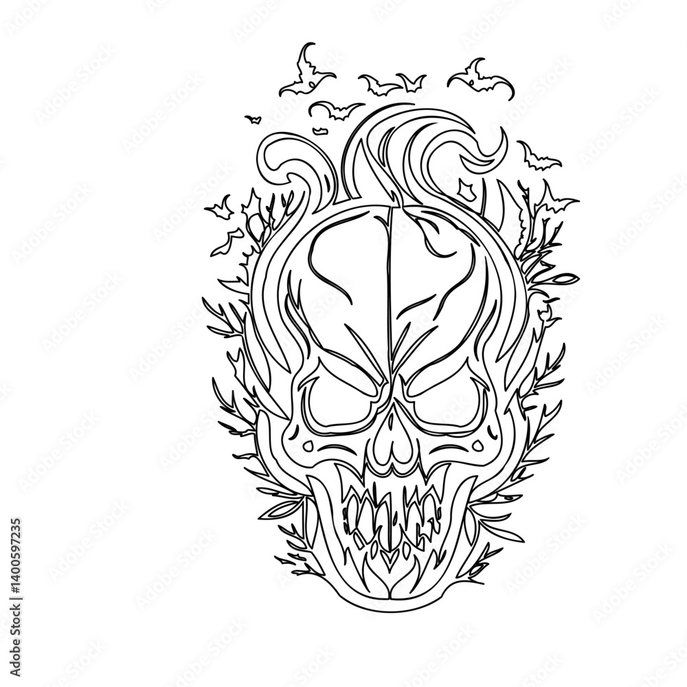 Ornate Skull with Bats Tattoo Design Sketch Ornate Skull with Bats Tattoo Design Sketch