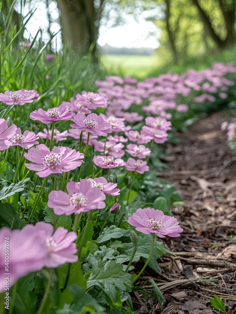 Pink flowers bloom along a path in a blurry green outdoor setting. Pink flowers bloom along a path in a blurry green outdoor setting.