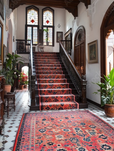 Interior view of a grand staircase with red carpet and potted plants.