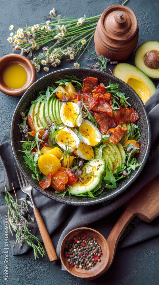 Fresh Vegetable Salad With Boiled Eggs and Bacon Served in a Rustic Bowl