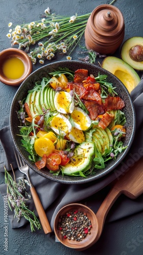 Obraz na płótnie Fresh Vegetable Salad With Boiled Eggs and Bacon Served in a Rustic Bowl w salonie