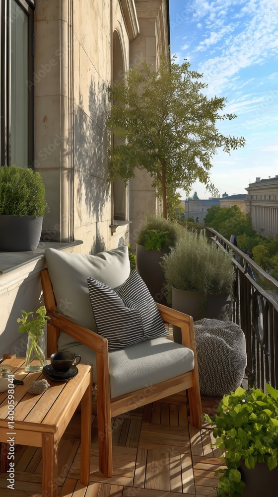 Cozy Balcony With Greenery and Seating Set Against a Picturesque Urban Backdrop in Bright Daylight