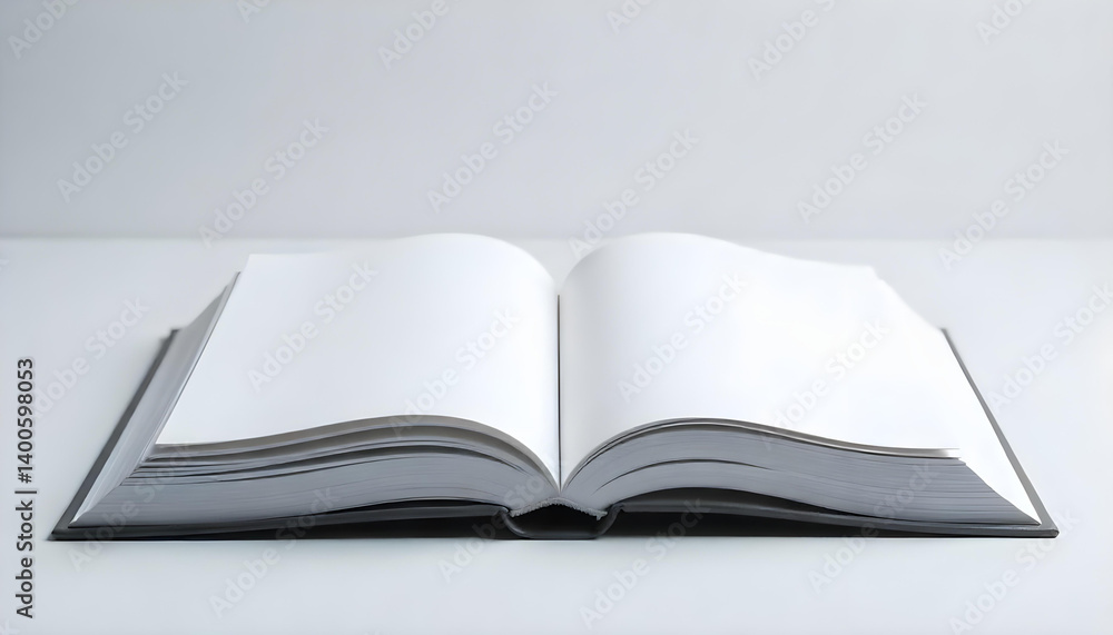An open book with blank pages, ready for text, lies on a bright white surface. An open book with blank pages, ready for text, lies on a bright white surface.